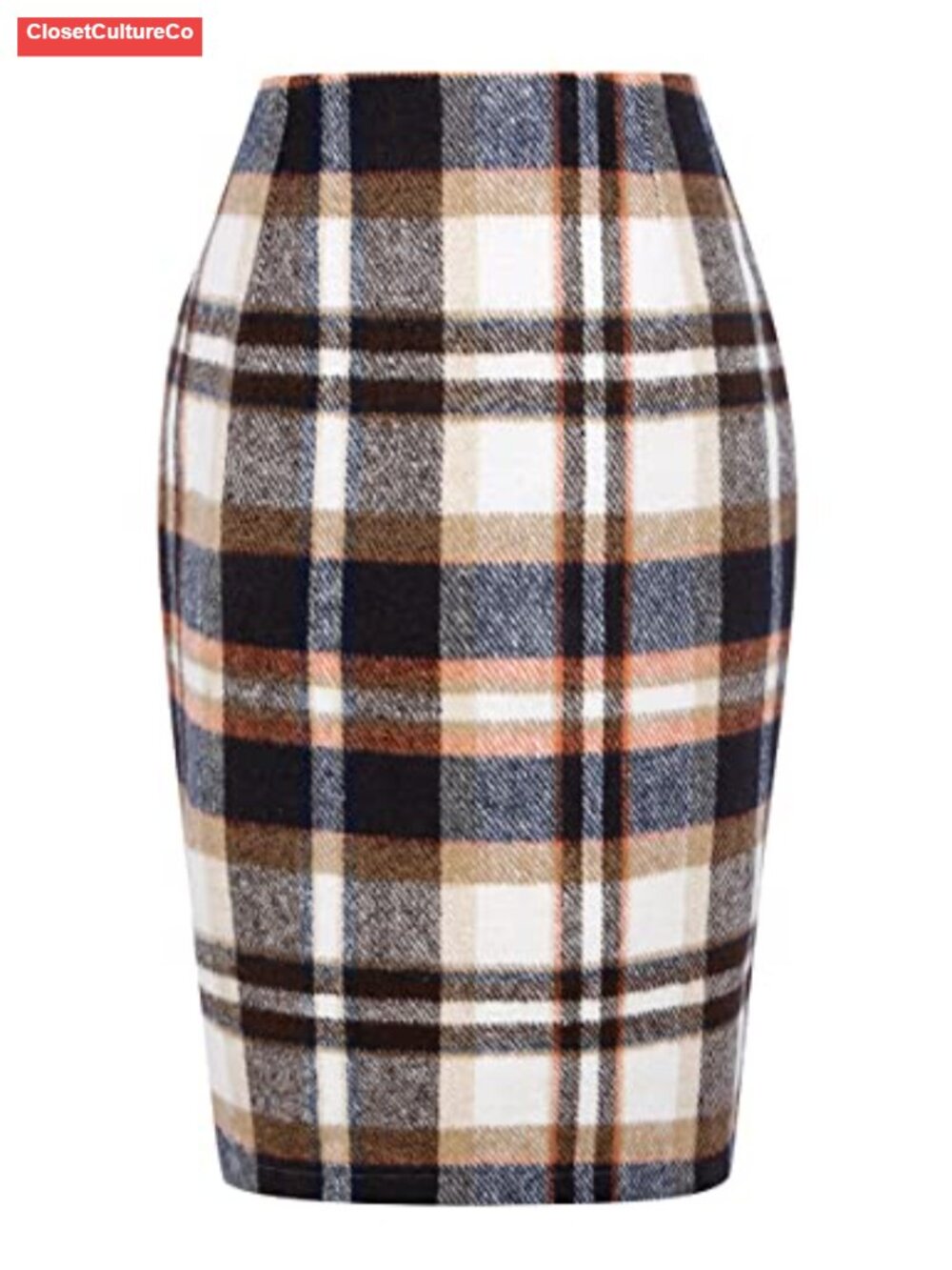 Knee Length Plaid Pencil Skirt High Waist Back Slit Woolen Workwear